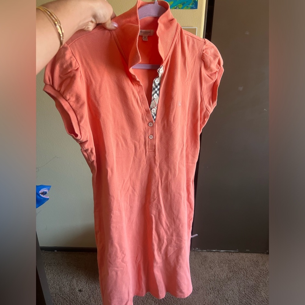 Coral Burberry dress authentic. Collars and puff sleeves orange pink coral color